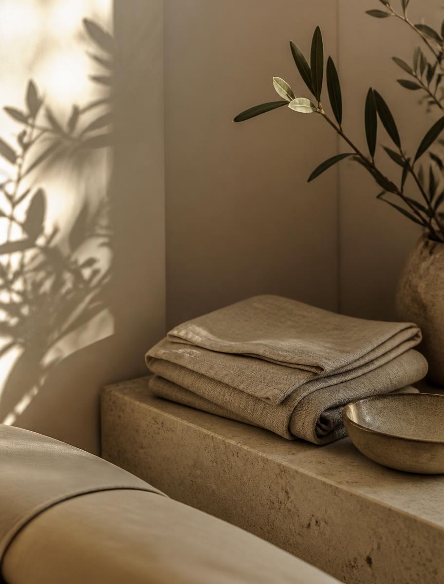 Folded linen on a travertine ledge in a small treatment room, warm afternoon light and leaf shadows