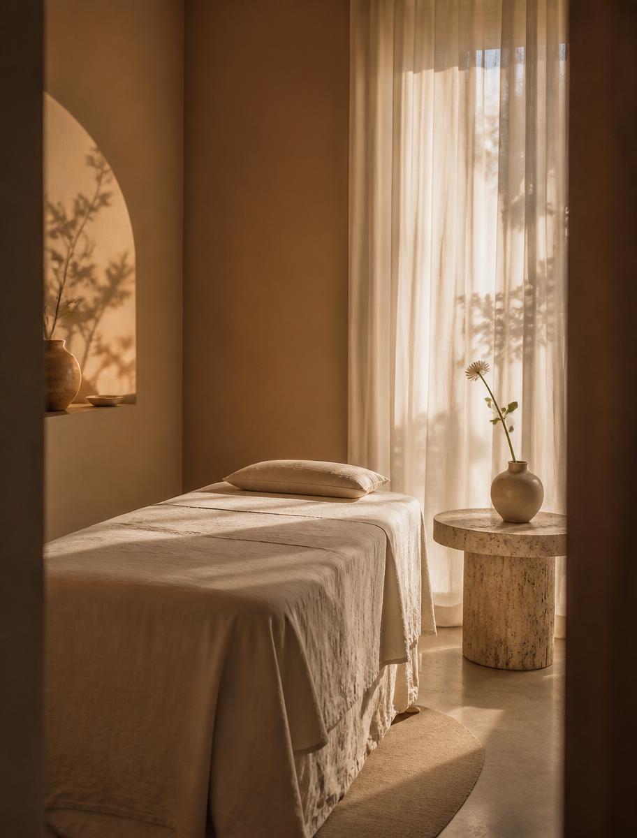 A private treatment room with a linen-draped bed, travertine table and sheer curtains in warm daylight