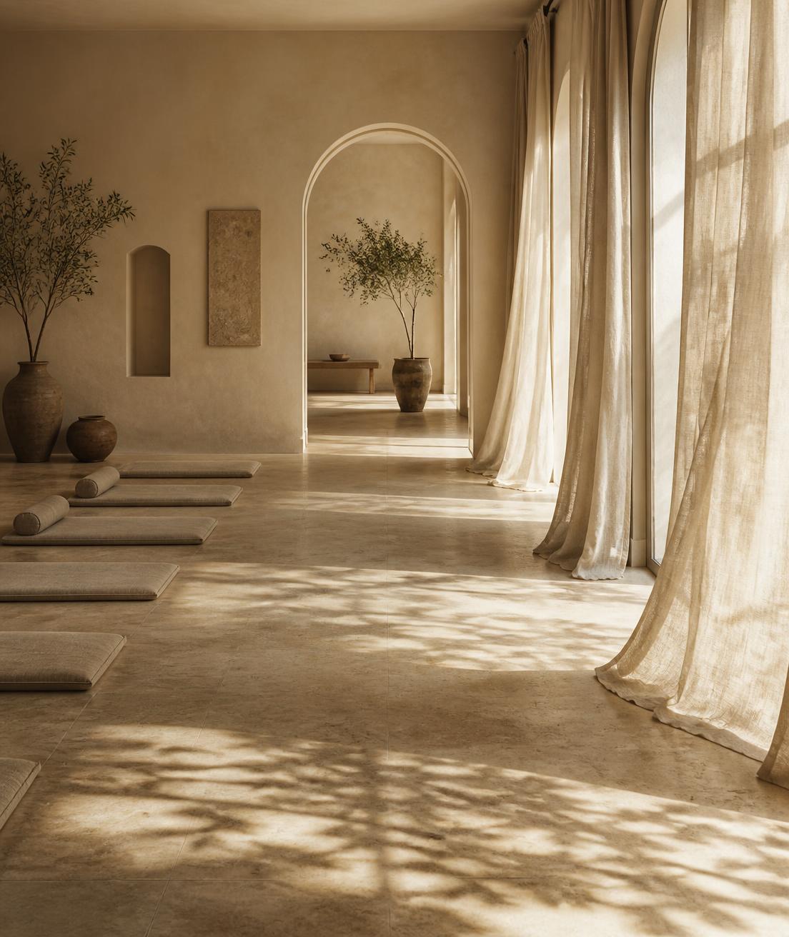 A larger, airy wellness room with travertine floors, linen curtains and long botanical shadows