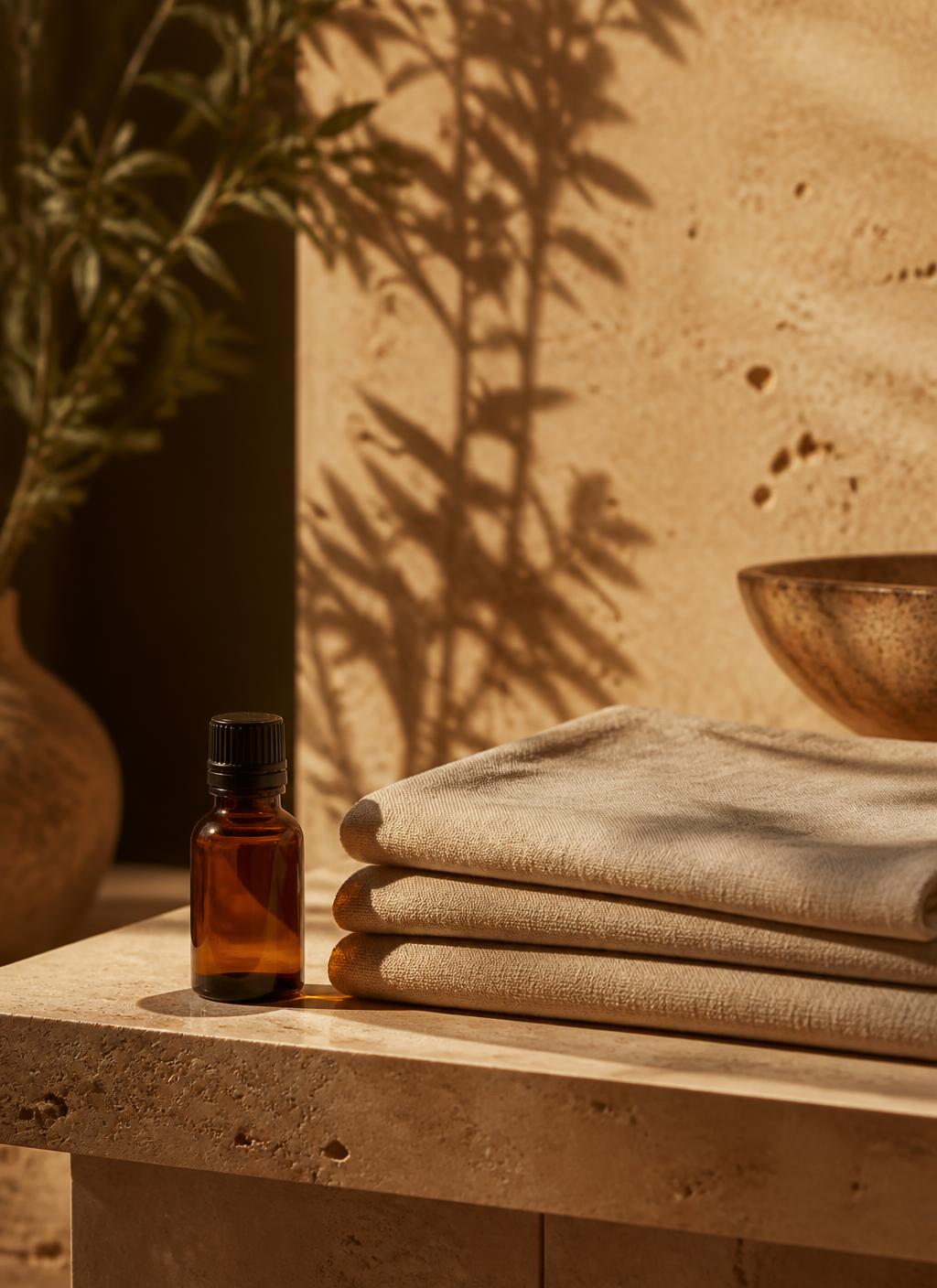 Folded linen and an amber glass bottle on travertine in warm morning light