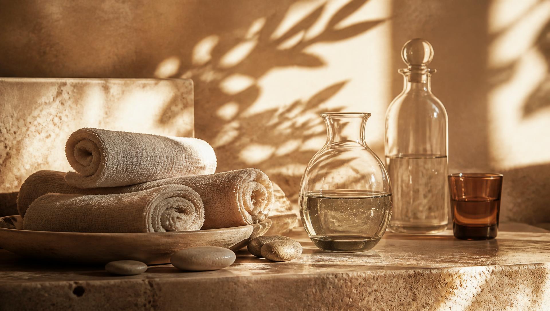 Rolled linen, smooth stones and glass vessels on travertine in warm morning light