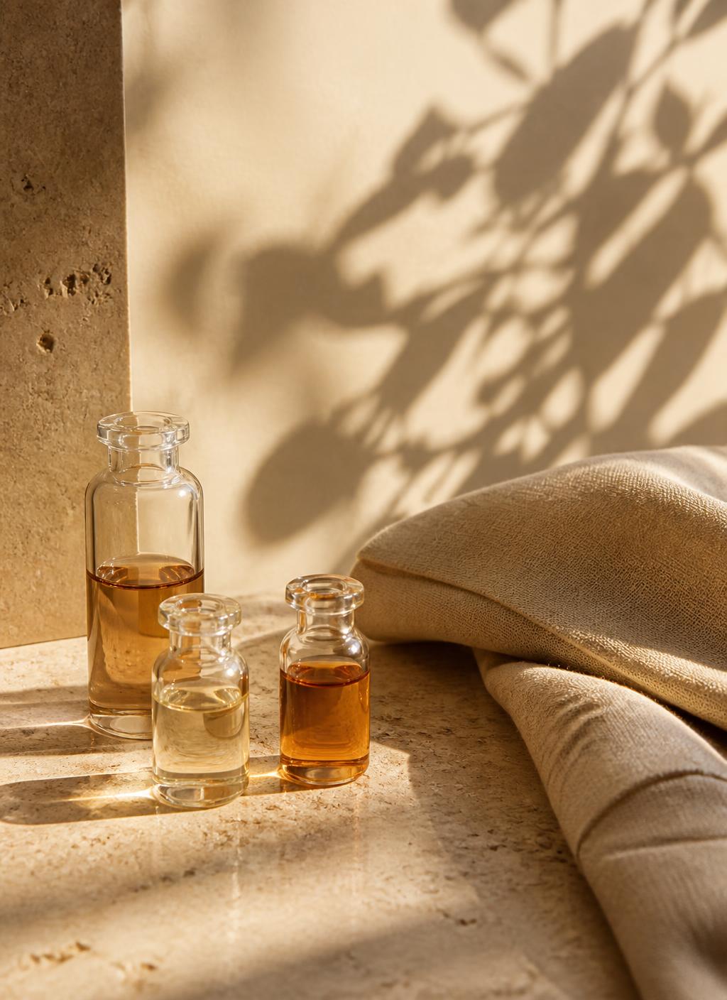 Glass vials and folded linen on warm travertine stone