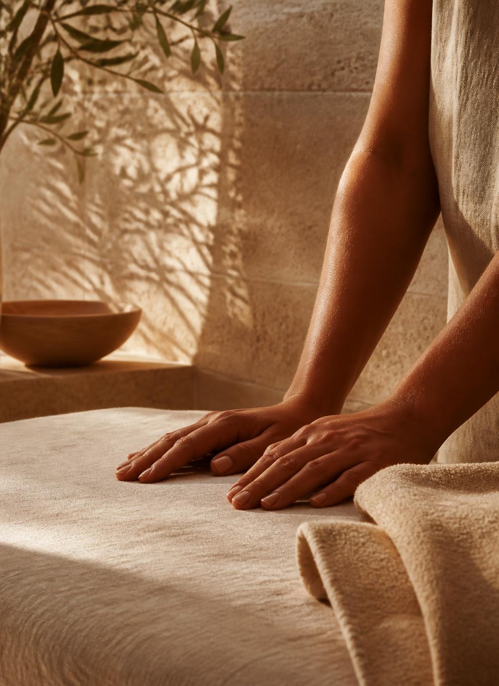 Hands resting on a linen-covered treatment table in warm light